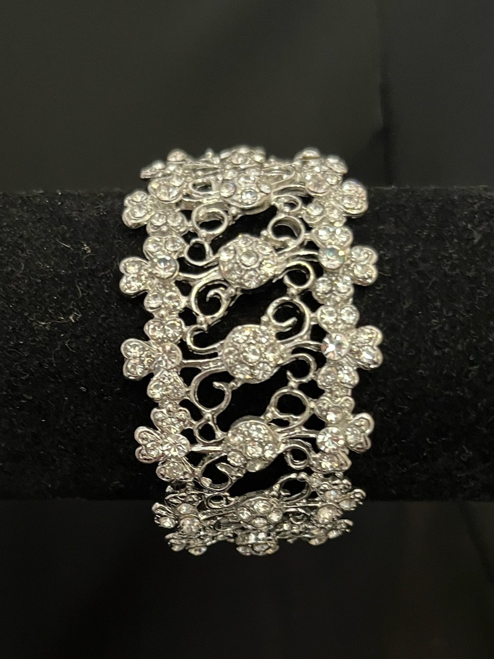 Silver Crystal Filigree Wide Bracelet - Women Jewelry